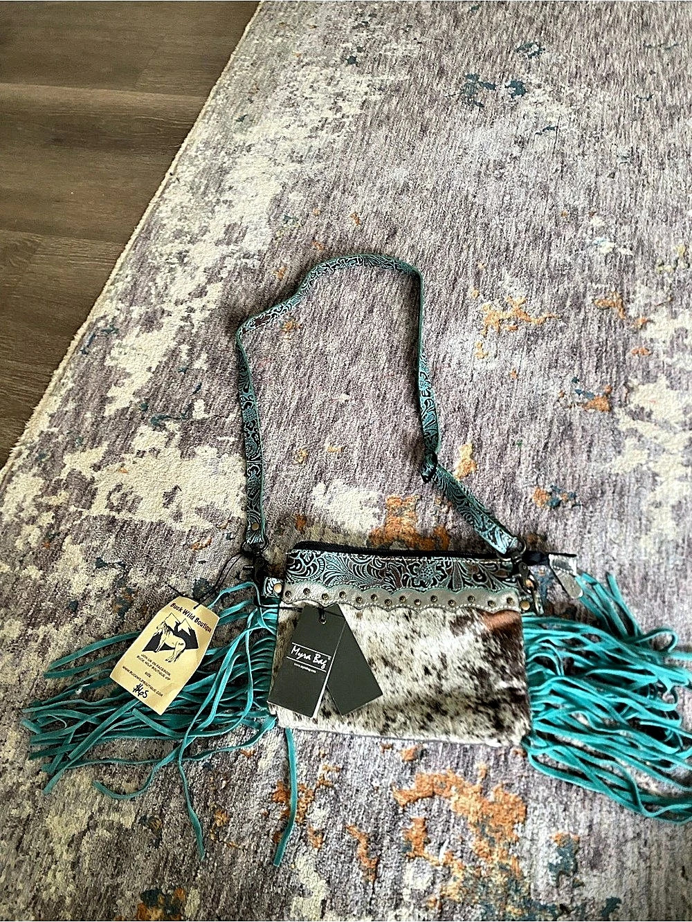 Myrtle Beach Turquoise & White Cowhide Fringe Crossbody NWT